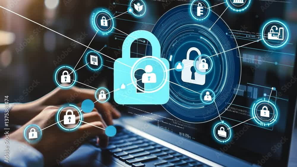Poster ensuring data protection and privacy through advanced cybersecurity solutions on laptop