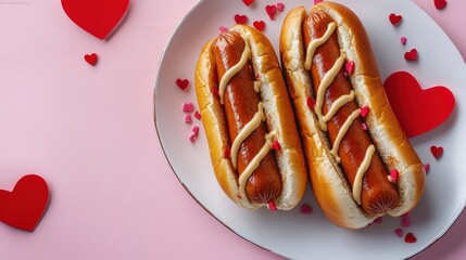 Two decorated hot dogs on a plate with heart shaped decorations