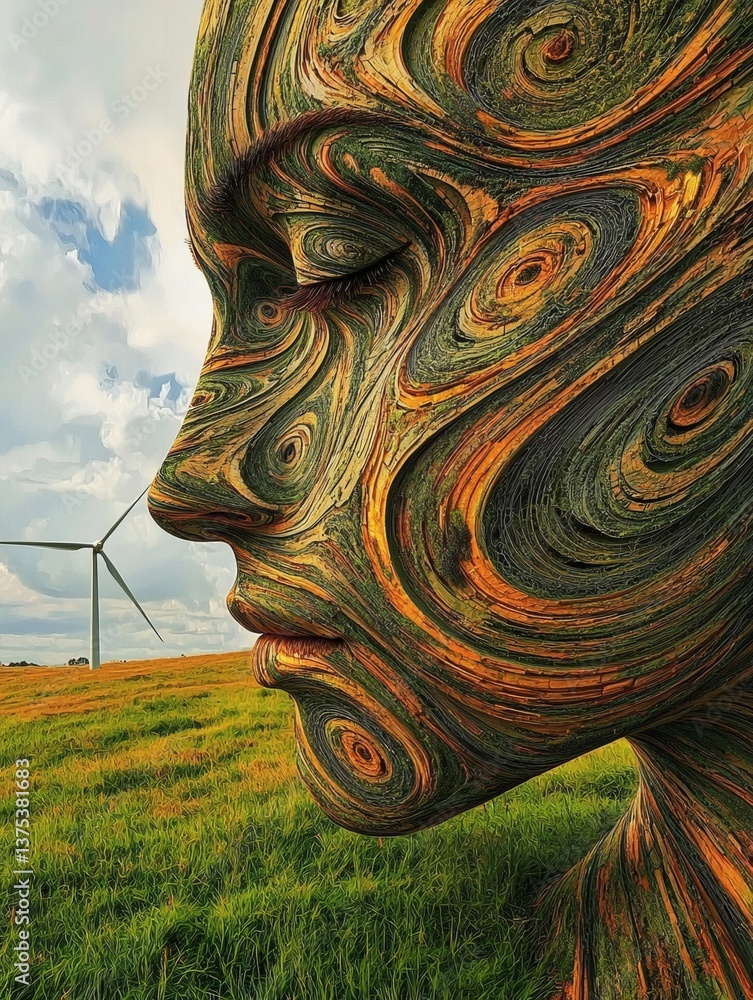 Aufkleber a human face dissolving into swirling wind patterns and spinning turbine blades abstract representat