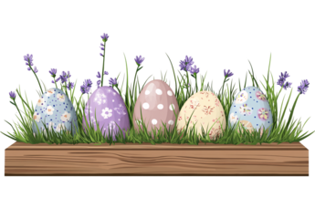 Easter eggs on a wooden table with grass and purple wildflowers, transparent background