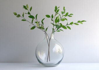 Minimalist still life with glass vase and green branches on shelf against white background for interior decor