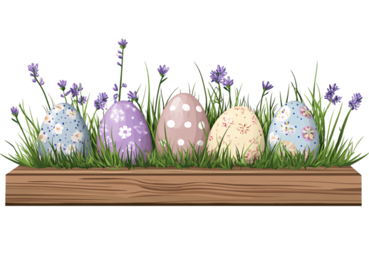 Easter eggs on a wooden table with grass and purple wildflowers, transparent background