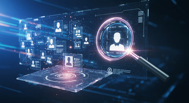 Unveiling the ideal candidate: a digital magnifying glass reveals a network of profiles, each a potential asset, glowing with futuristic technology in a deep blue digital landscape.
