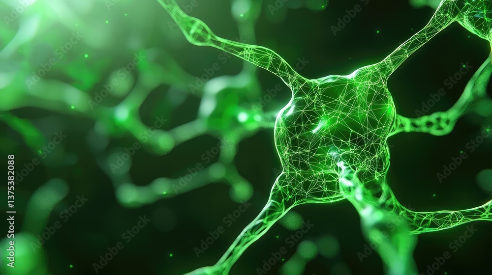 Poster cyberpunk biotech in high-tech sci-fi nature fusion concept. abstract representation of green neuron