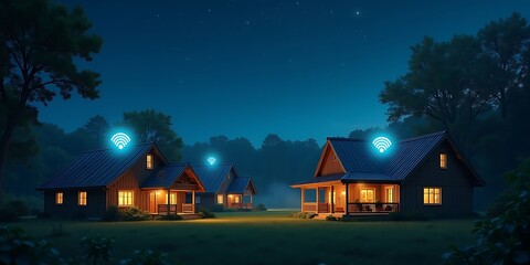 Night view of rural houses with high-speed internet connectivity. Homes illuminated, wireless signal icons glow on roofs. Eco friendly tech development for rural areas. Digital connectivity, remote