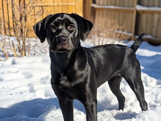 Adorable black Labrador puppy standing in snowy backyard, looking directly at the camera.