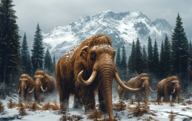 Majestic Woolly Mammoths in Serene Prehistoric Landscape with Pine Trees and Snowy Mountains