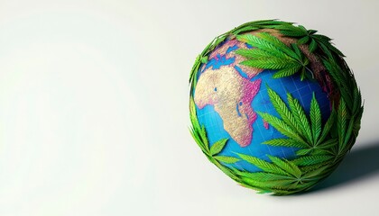 Close up view of a globe wrapped in cannabis leaves depicting the global impact of medical cannabis. World health plant impact.