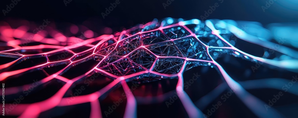 Poster cyberpunk biotech in glowing digital nature concept. futuristic network structure with vibrant color