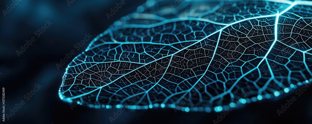 Poster cyberpunk biotech in glowing digital nature concept. close-up of a leaf with intricate details and g