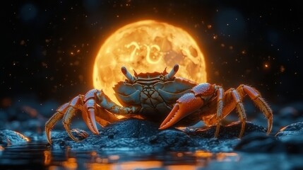 Giant Red Crab Under Full Moon with Cancer Zodiac Symbol in Surreal Photorealistic Scene