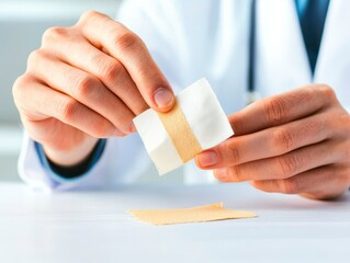 Close up of a doctors hand placing a bandage on a small wound wound care post checkup treatment. Doctor heals minor injury.