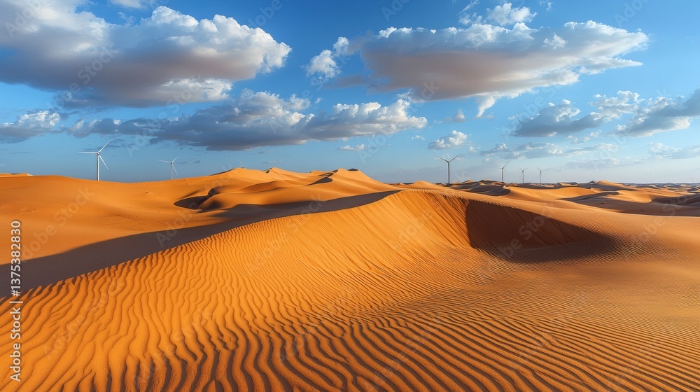 Poster a desert landscape with wind turbines casting long dramatic shadows sustainable power generation in 