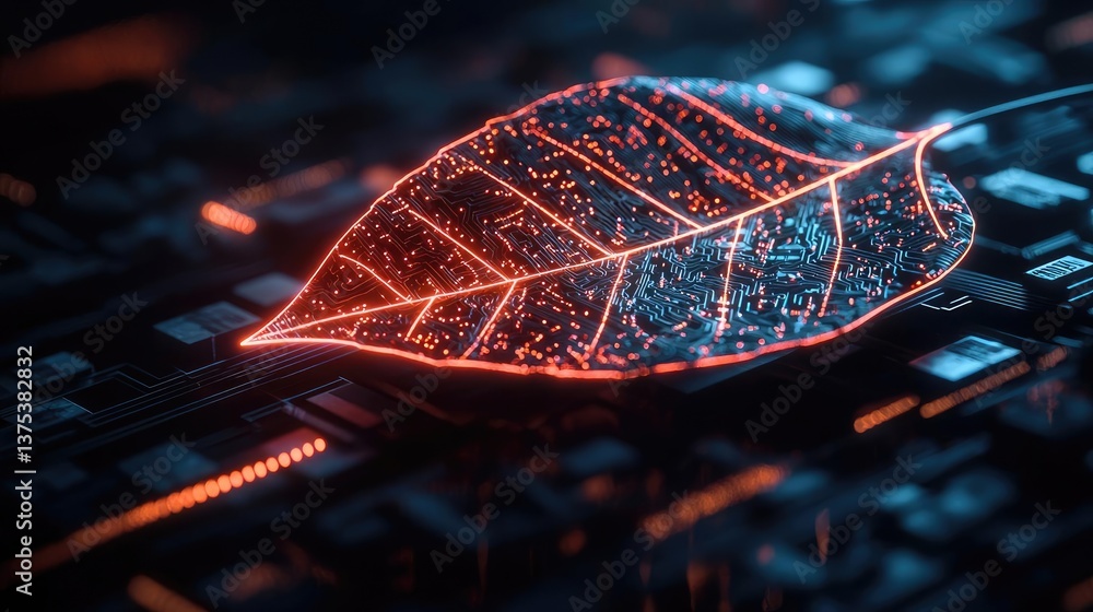 Poster cyberpunk biotech in sci-fi nature and science concept. a glowing leaf on a circuit board symbolizin