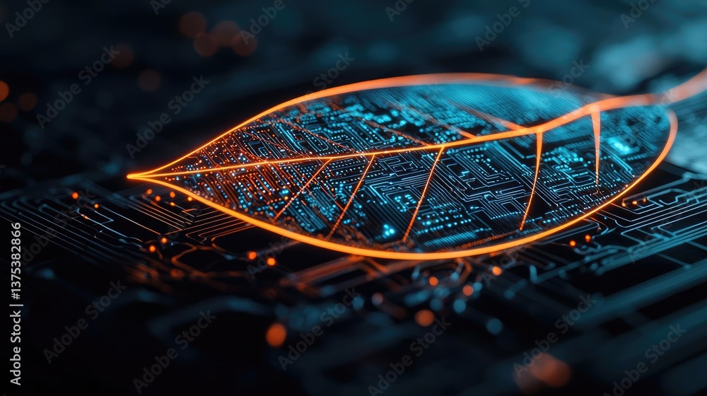 Poster cyberpunk biotech in sci-fi nature and science concept. a leaf design merging nature with digital te