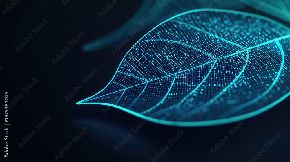 Poster cyberpunk biotech in high-tech sci-fi nature fusion concept. digital leaf design with luminous lines