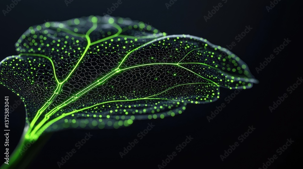 Poster cyberpunk biotech in sci-fi nature and science concept. close-up of a vibrant green leaf with intric