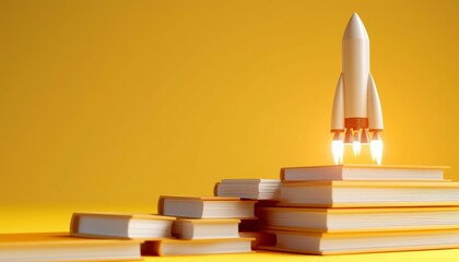 Books forming a path leading to a rocket launch on a sunny yellow background representing learning progression with room for focus cover all object deep dept of field. Knowledge