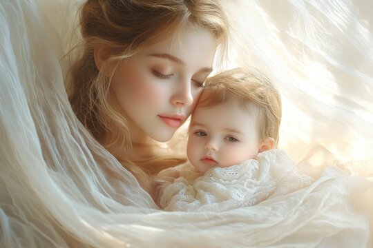 Tender moment of mother cradling her newborn baby at home in soft light - Powered by Adobe