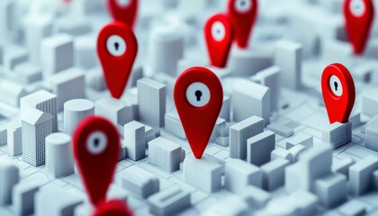 3D map with multiple location pins highlighting themes of urban connectivity advanced navigation systems and real time location tracking. Smart city guide.