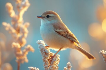Reed Warbler Bird with Insect Prey in Beak Perched on Reed During Golden Hour