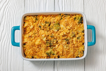 broccoli cauliflower casserole in a dish, top view