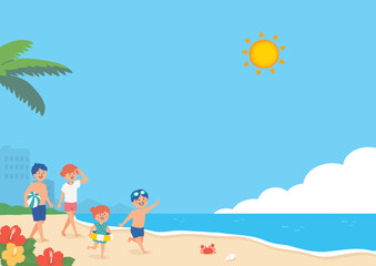 夏のビーチと家族の背景イラスト