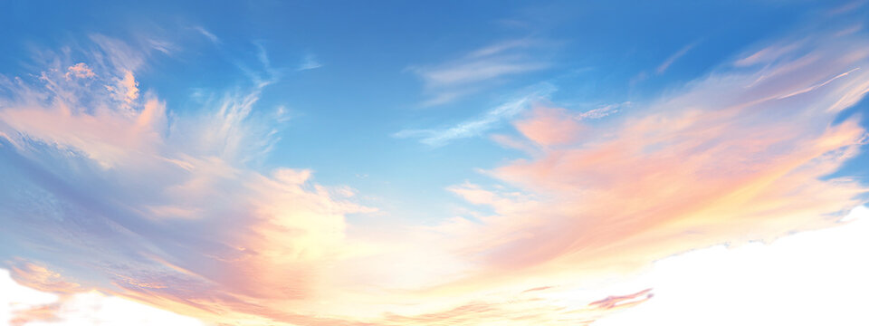Beautiful sky with pink and orange clouds, sunset, transparent background