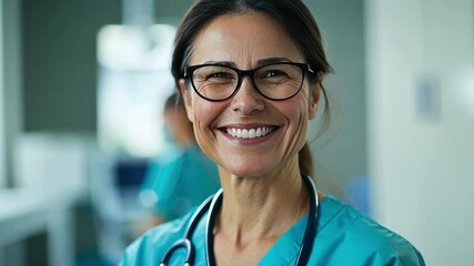 Radiant Nurse in Hospital: A confident and compassionate nurse wearing spectacles and stethoscope smiles warmly in a clean, medical environment, symbolizing care and well-being.