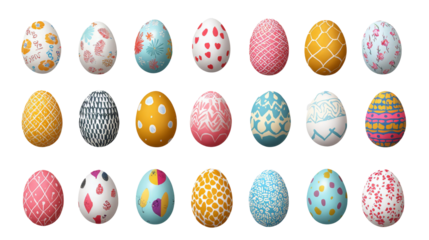 30 Easter eggs with diverse patterns and colors displayed in rows  long title A collection of 30 decorative Easter eggs each featuring a unique
