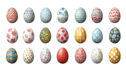 Assortment of colorful Easter eggs with various decorative patterns arranged in rows