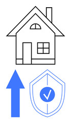 House icon with upward arrow and shield featuring checkmark, illustrating growth, security, and reliability. Ideal for real estate, insurance, investments, stability, resilience safety progress