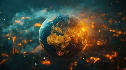 Illuminated earth at night with glowing city lights and sparkling atmosphere