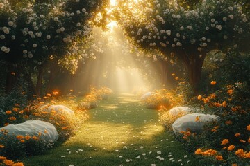 Fototapeta premium Dahlia Field with Organza Bags for Pest Protection Sustainable Flower Farming Eco Friendly Practices