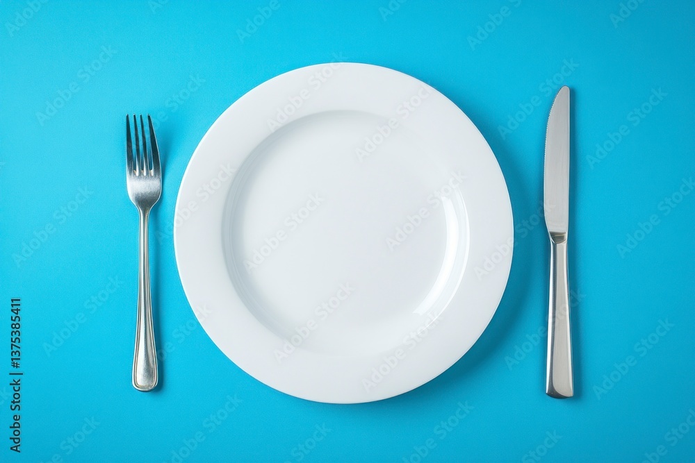Poster empty plate setting with fork and knife on light blue background