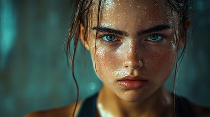Intense female athlete with wet hair and determined expression