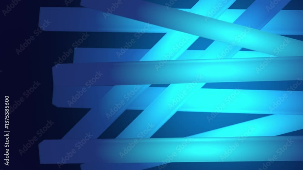 Poster intersecting rectangular stripes of blue and turquoise on a dark background. the stripes are positio