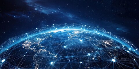 An abstract depiction of a network of interconnected nodes forming a globe, representing global data connectivity. 