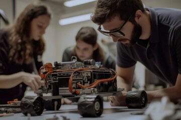 Engineers collaborating on the design and development of a space rover prototype within a cutting edge laboratory environment