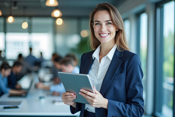 Obraz premium Business woman holding and using digital tablet in hand and looking with smile face in professional corporate company leader portrait in modern tech office workplace blur background