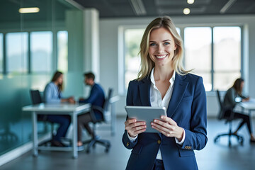 Obraz premium Business woman holding and using digital tablet in hand and looking with smile face in professional corporate company leader portrait in modern tech office workplace blur background