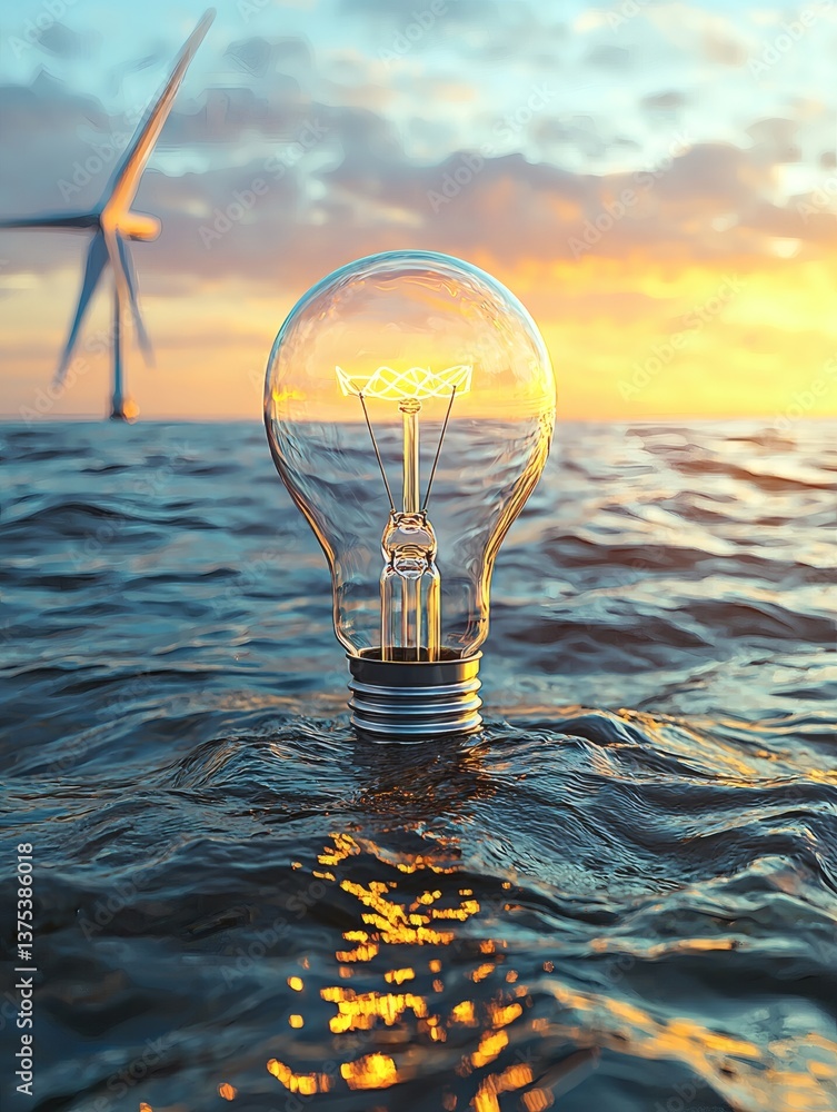 Poster A light bulb turning into a small floating wind turbine symbolic of sustainable innovation Stock Photo with side copy space