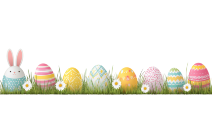 Colorful Easter eggs and bunny on green grass
