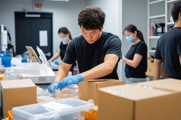 Obraz premium Warehouse workers wearing gloves and face masks are packing biodegradable packaging materials in cardboard boxes