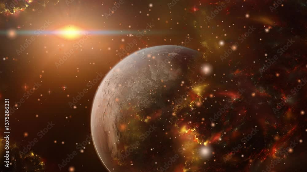 Aufkleber outer space with a planet in the foreground surrounded by a nebula and stars.
