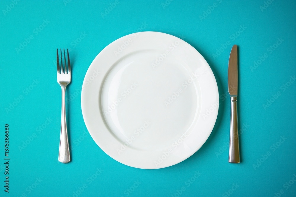 Poster setting the table blank plate with fork and knife on blue background