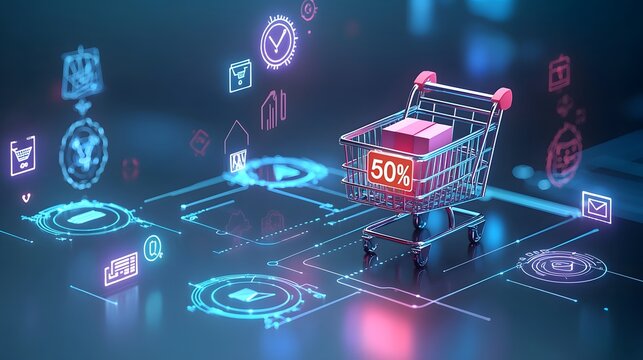 Futuristic digital marketplace concept featuring a metallic shopping cart glowing 50 discount text and a bright gift box all surrounded by vibrant neon purple and blue lighting