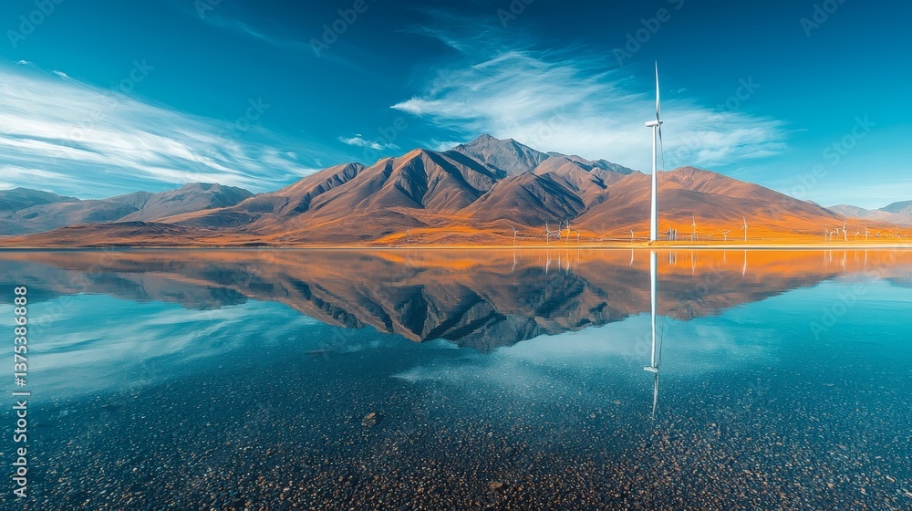 Aufkleber a wind farm emerging from a reflective lake perfectly mirroring a clean energy future stock photo wi