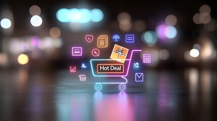 Fototapeta premium Digital of an online marketplace featuring a neon shopping cart with a Hot Deal text and a gift box icon surrounded by abstract colorful bokeh lights in a futuristic technology inspired design