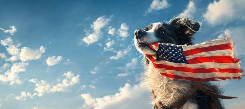 Patriotic border collie dog with American flag running on the beach